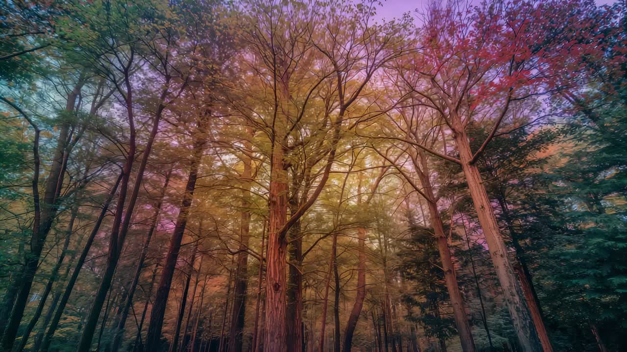 Inclinación de cámara que revela el tronco alto y central de un árbol y el dosel en el bosque, capturando el cambio de color
