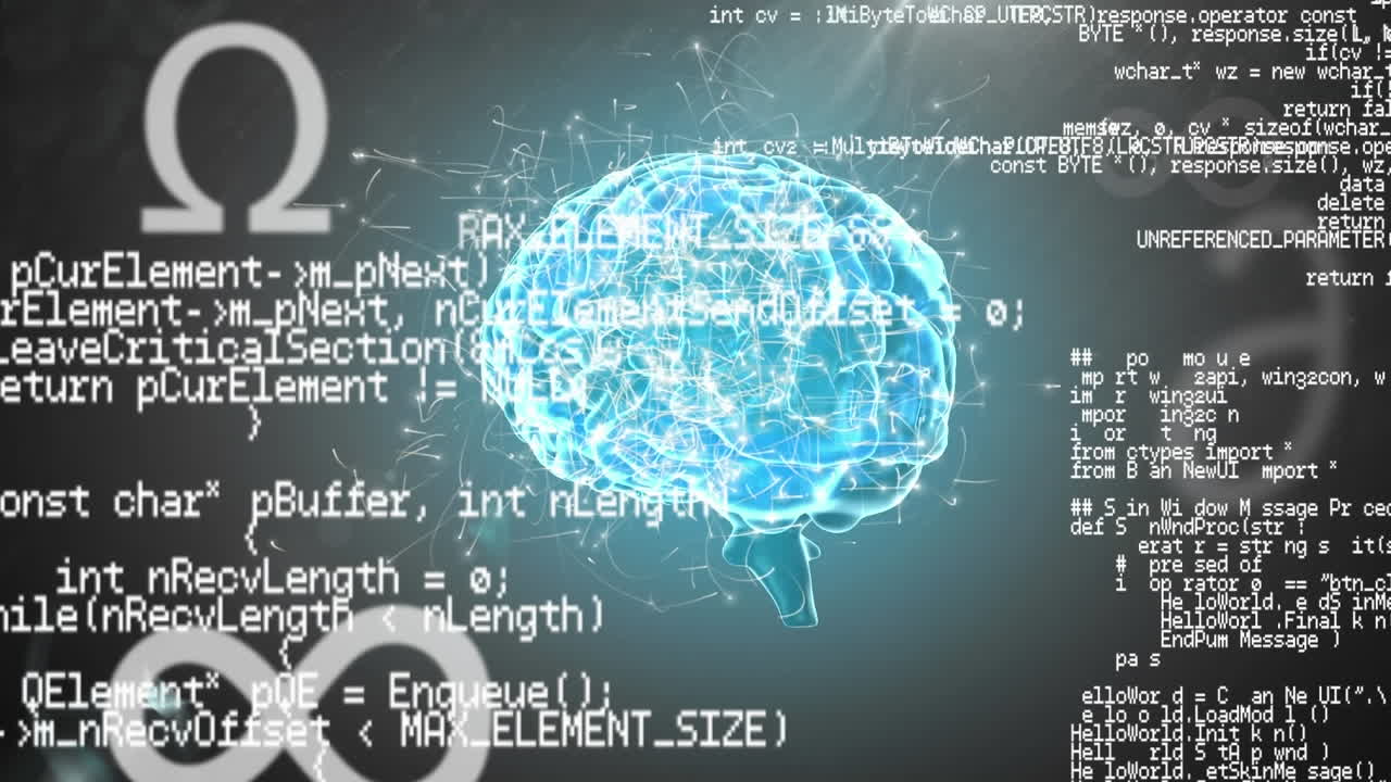 회색 바탕에 회전하는 인간의 뇌를 통해 수학적 기호와 데이터 처리의 애니메이션