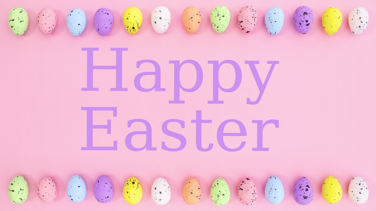 Uova di Pasqua vivaci si muovono in alto e in basso e appare il testo "Buona Pasqua". Stop motion.
