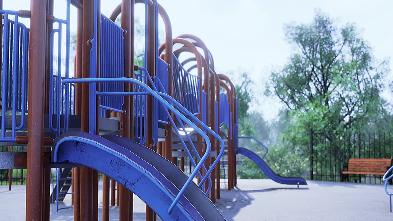 Embracing joyful moments at a colorful playground on a bright morning