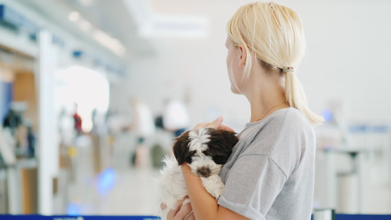 공항에서 강아지를 안고 있는 여자