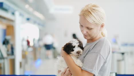 Frau-Mit-Welpen-In-Einem-Flughafen