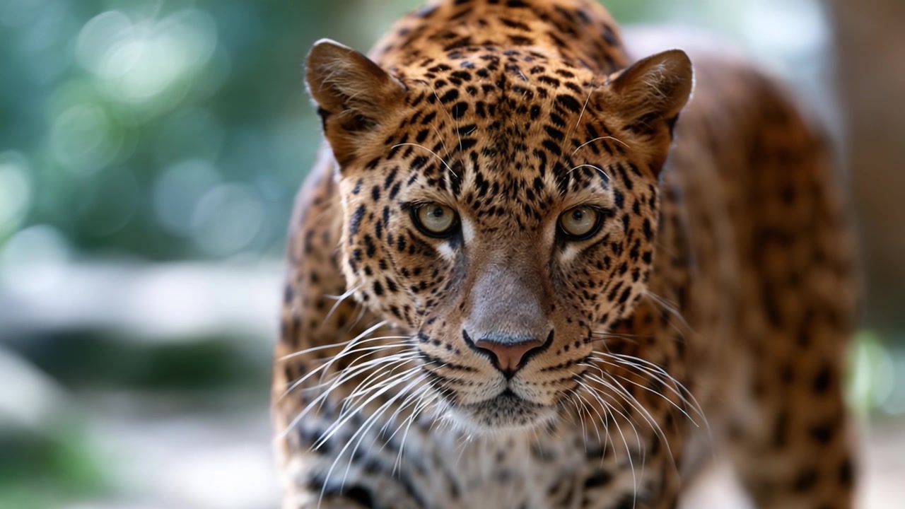 Görkemli Bir Leoparla Yakın Çekim Karşılaşma, Yoğun Bakışlarını ve Çarpıcı Postunu Sergileyen, Bu Büyüleyici Büyük Kedinin Vahşi Güzelliğini Yakalayan
