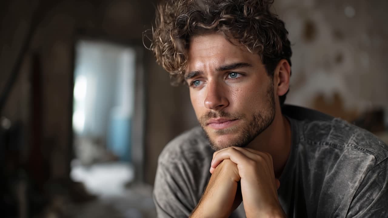 Mann mit lockigem Haar und Bart legt die Hände ans Kinn. Er blickt nachdenklich auf den unscharfen Hintergrund. Die Szene suggeriert Kontemplation oder stille Reflexion. Ideal für Stimmungsszenen, dramatische Selbstbeobachtung.