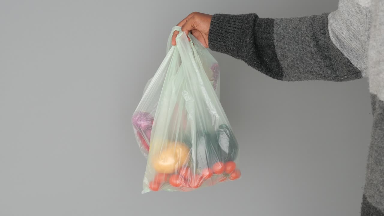 A hand holding a plastic bag full of vegetables