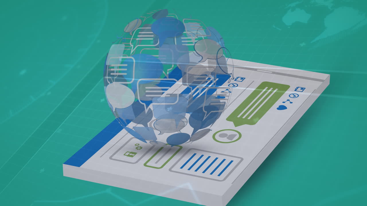 globo hecho de iconos de mensajes que giran contra la interfaz digital en fondo verde