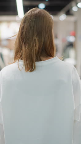 una compradora de ropa entra en un centro comercial de ropa caminando a través de un entorno minorista bien iluminado con estantes de ropa bien dispuestos, un interior brillante y un diseño moderno de la tienda