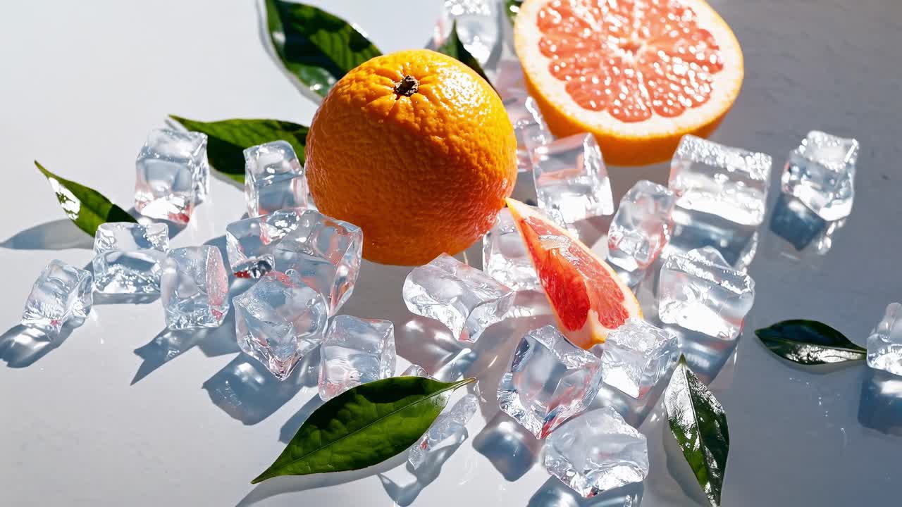 One whole orange, half a grapefruit and a slice of grapefruit are lying on a white reflecting surface surrounded by ice cubes and green leaves, creating a refreshing summer scene