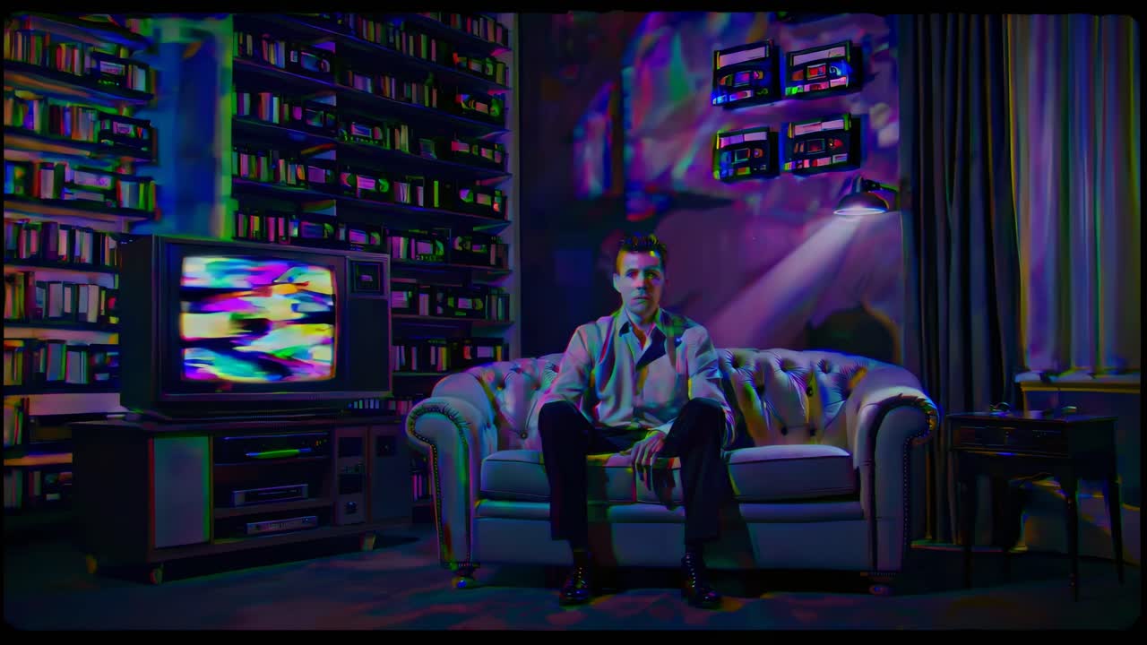 Soggiorno retrò con TV distorta