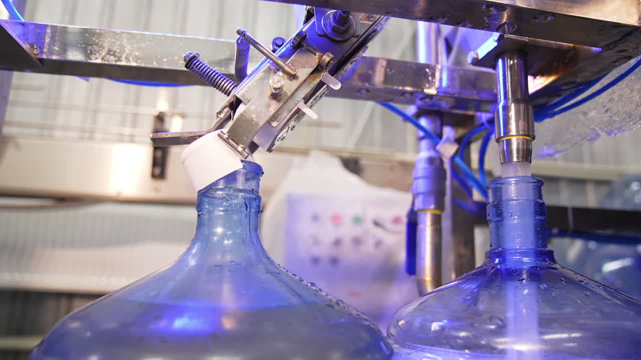 Automated line for water production. Big bottles are filled with clean water at the food factory. Close up.