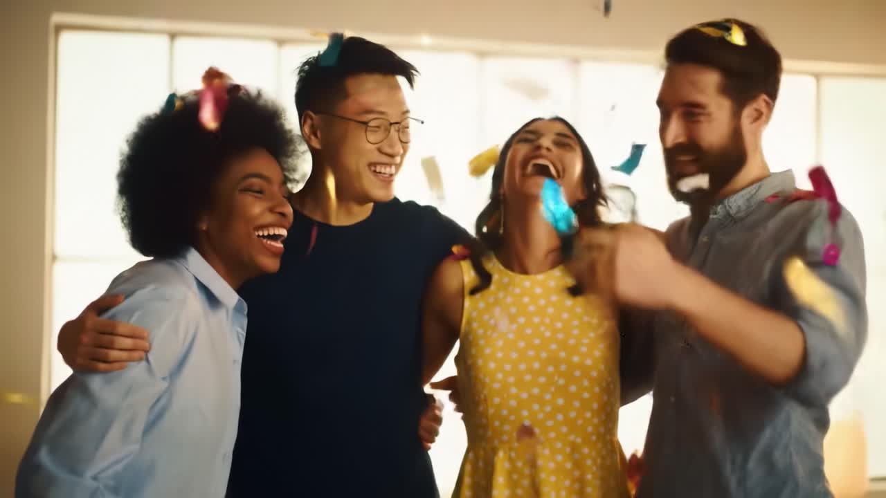 Joyful Celebration Among Friends Featuring Laughter, Playful Confetti, and Heartwarming Togetherness in a Bright and Cheerful Environment