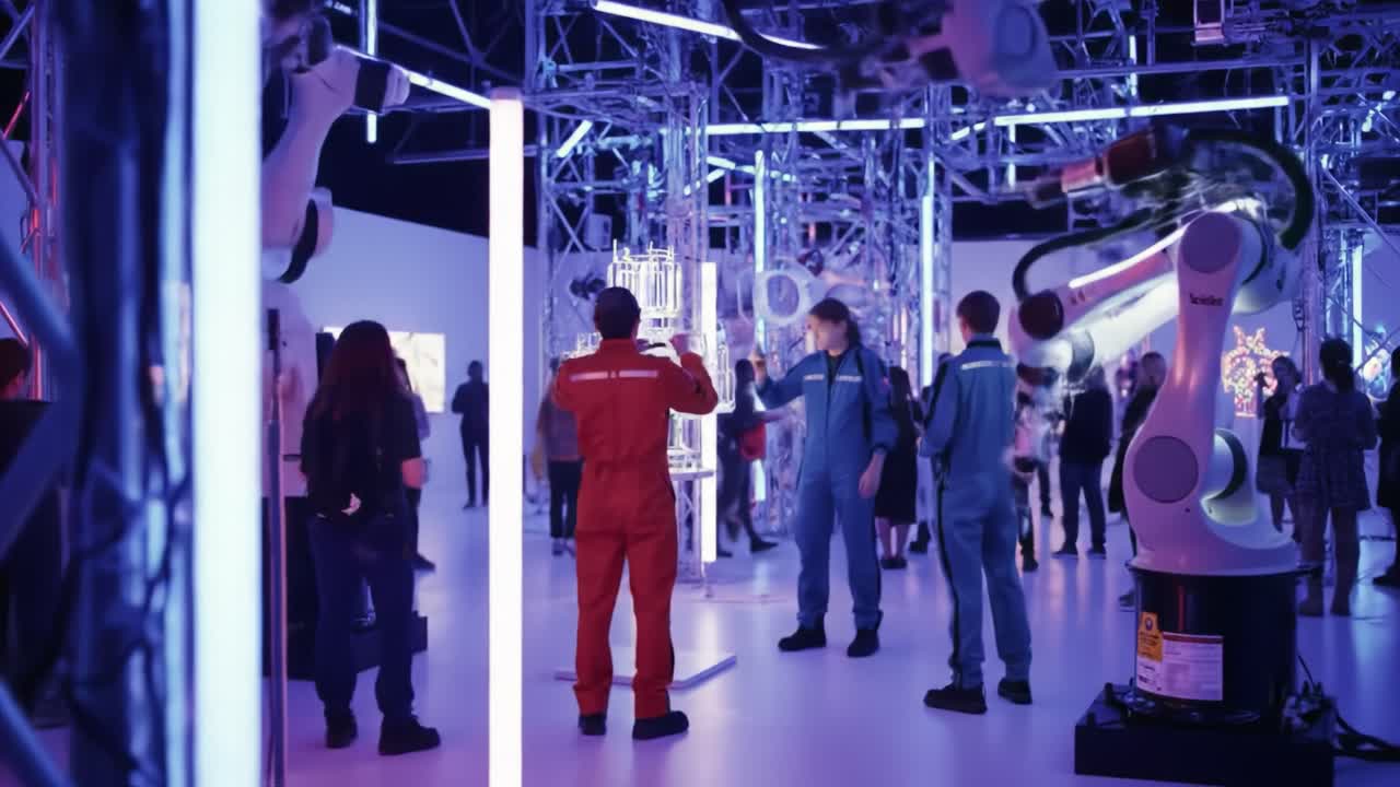 Exploring Automation and Robotics: A Futuristic Showcase with Technicians Interacting with Advanced Robotic Systems in a Vibrant Environment