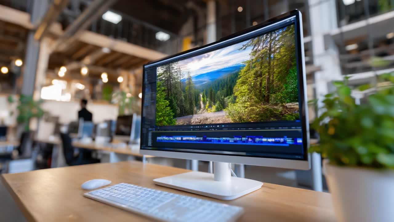 Un’area di lavoro moderna che mette in risalto una scena naturalistica vivace su un monitor di computer, rivelando un sereno sentiero forestale che si estende attraverso le montagne sotto un cielo limpido