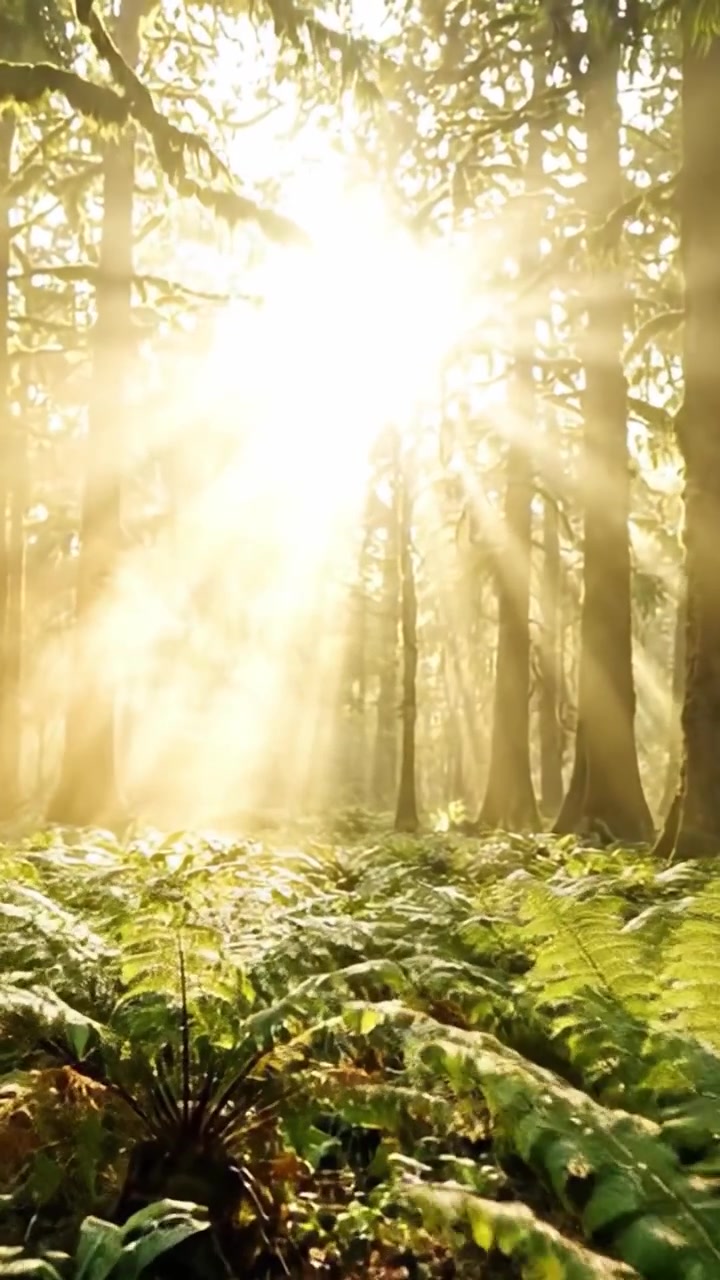 Sunlight Filtering Through a Lush Forest Canopy, Creating a Serene Atmosphere Amidst Vibrant Ferns and Tall Trees Bathed in Golden Light