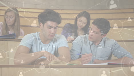 network of connections animation over students studying in lecture hall