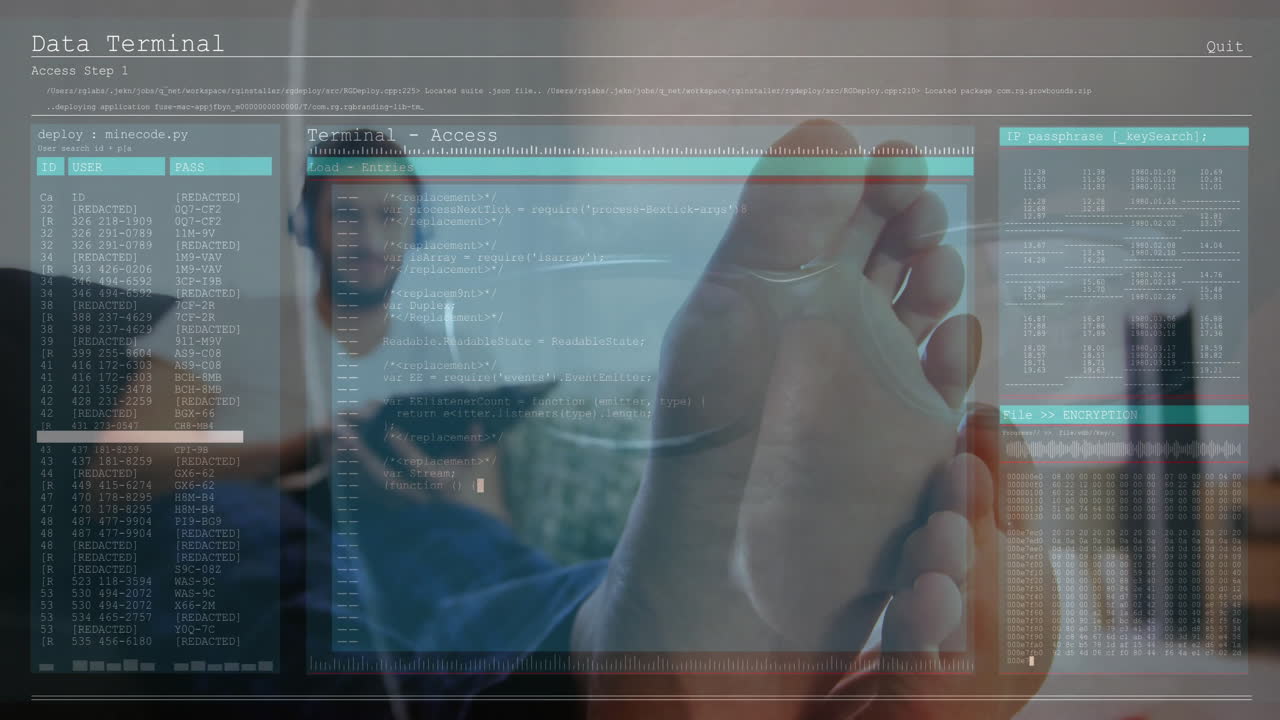 Holding device, person with foot visible, digital data animation overlay shown