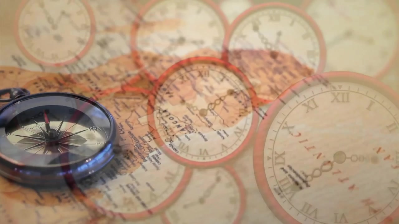 Overlaying map of Tanzania, compass and vintage clocks creating travel animation