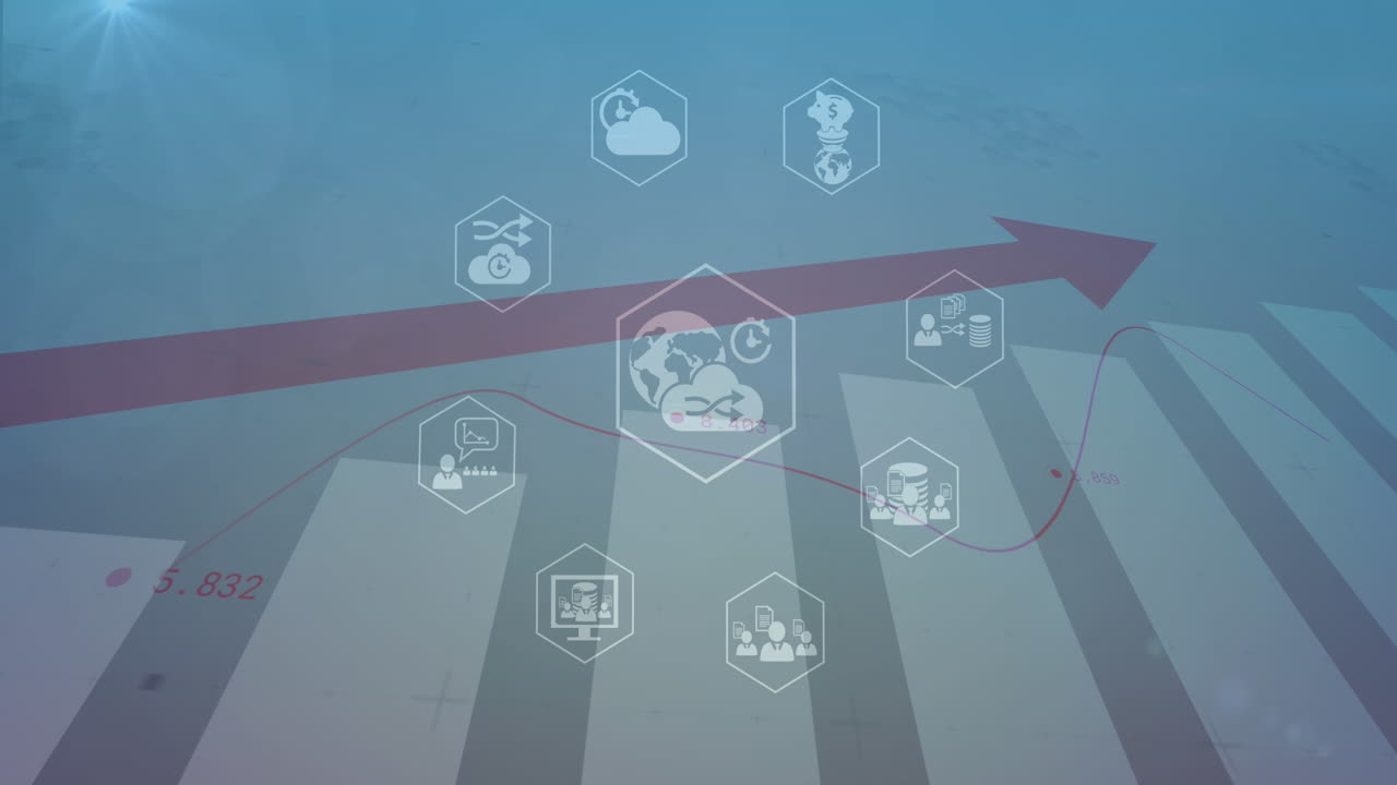 animación de iconos digitales y procesamiento de datos estadísticos contra un punto de luz sobre fondo azul.