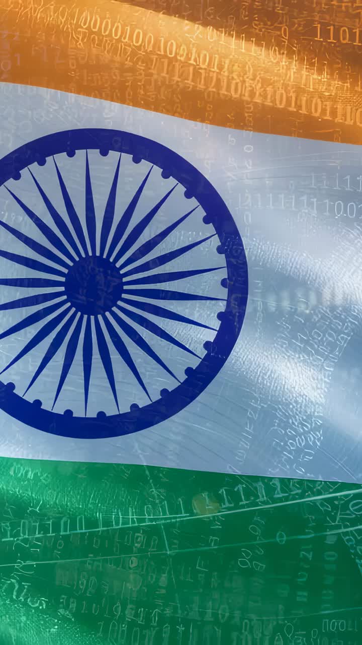Vertical video: Loop starting, Indian flag rippling on phone with Ashoka Chakra and binary overlay