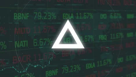 Animation-of-network-of-connections-and-pulsing-triangle-over-stock-market-index-background