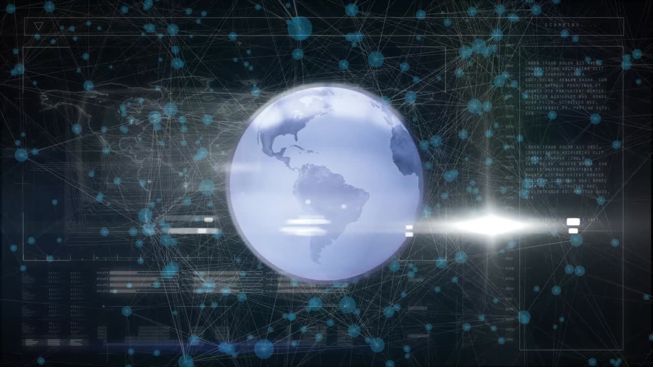 연결 네트워크와 데이터 처리에 대한 빛의 점과 회전하는 지구의 애니메이션