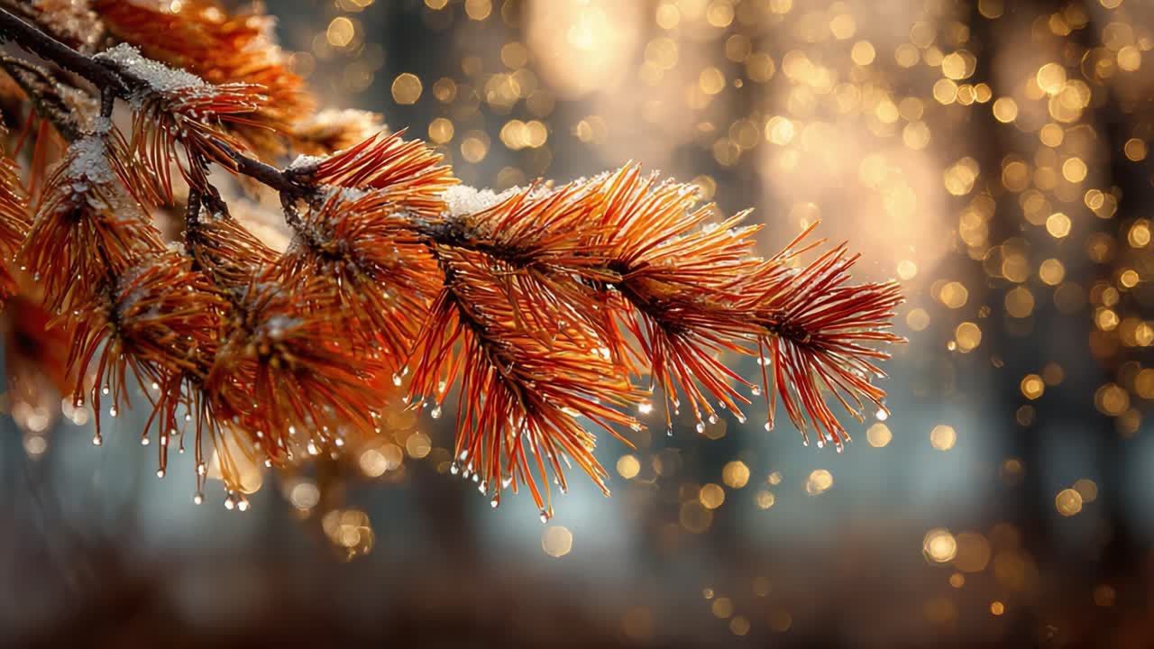 Captivating Autumn Spruce Branch with Sparkling Dew Drops and Warm Bokeh Background, Showcasing Nature's Beauty in a Golden Atmosphere