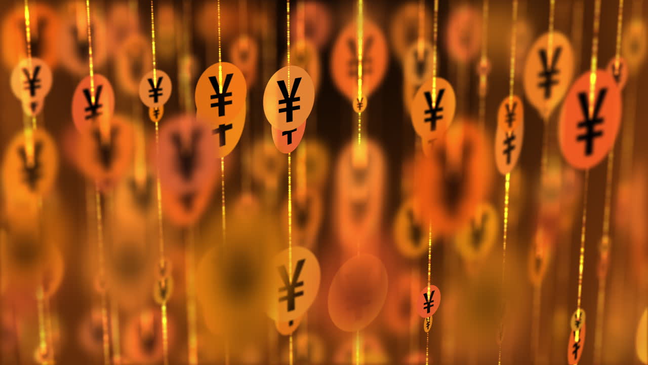 Japanese money sign yen. Gold coins rotate on threads. Abstract animated blurred financial background.