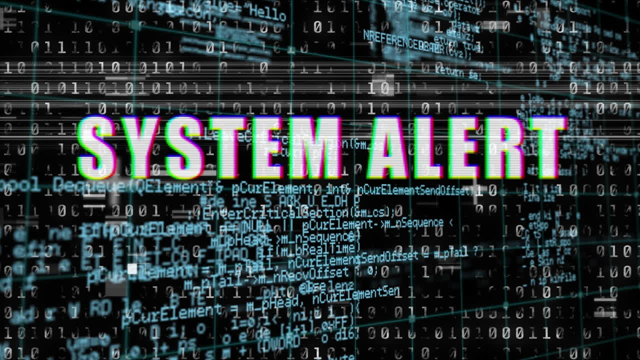 animación de texto blanco, alerta del sistema, sobre el procesamiento de datos e información, en negro