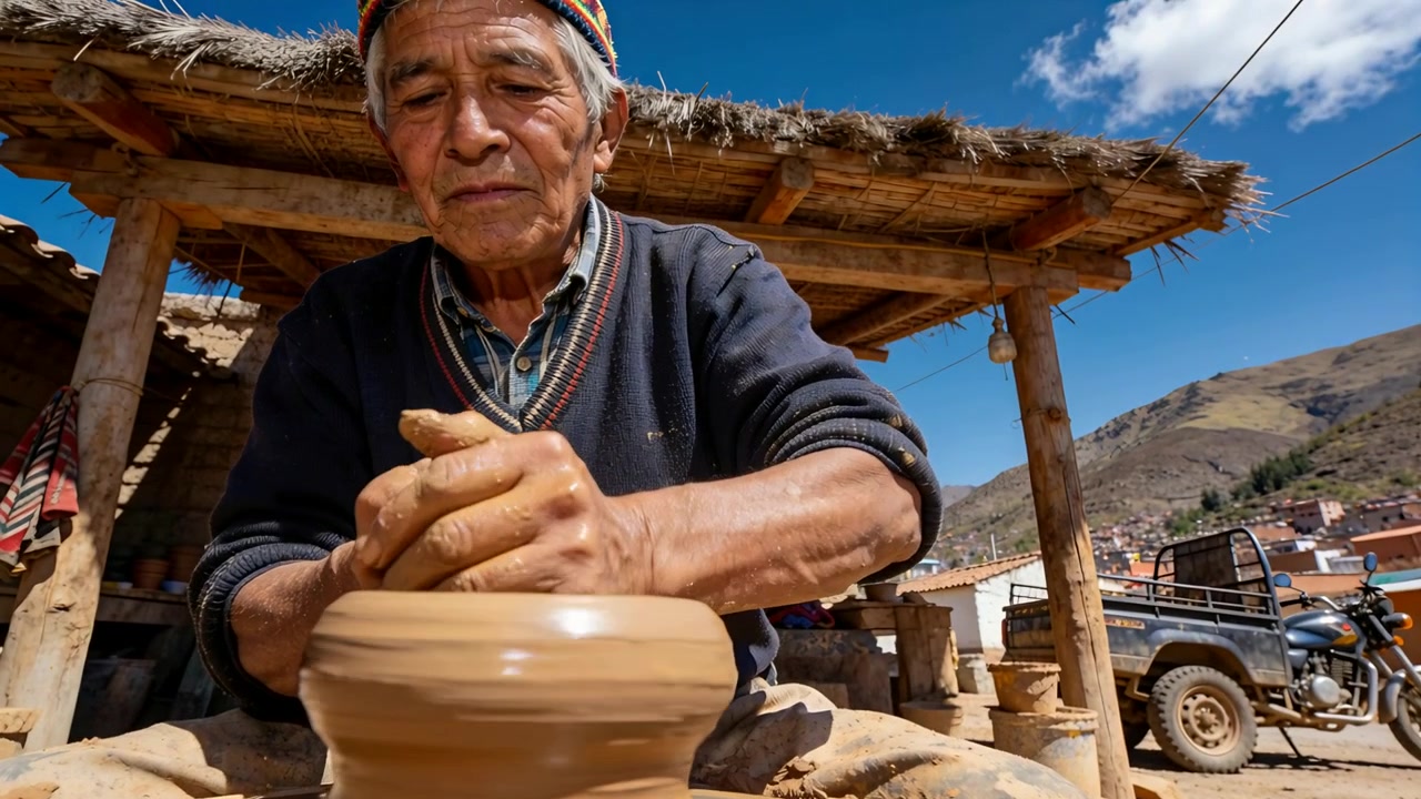Starting elder potter centering and shaping clay on spinning wheel at thatched shelter