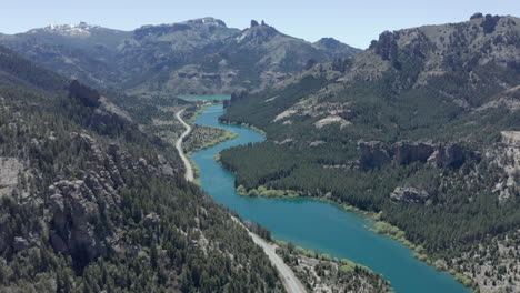 aerial - epic limay river in valle encantado, patagonia, neuquen, argentina, truck right