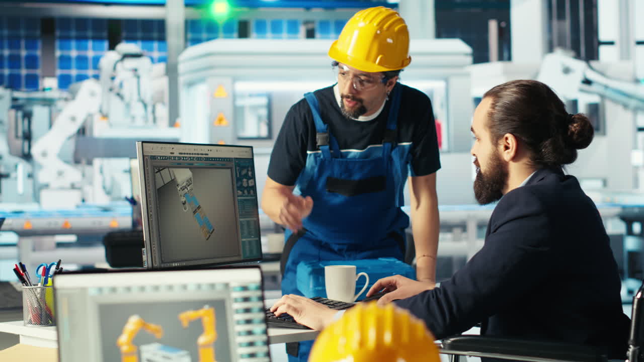 supervisor de la planta de paneles solares con paraplegia en silla de ruedas habla con el empleado