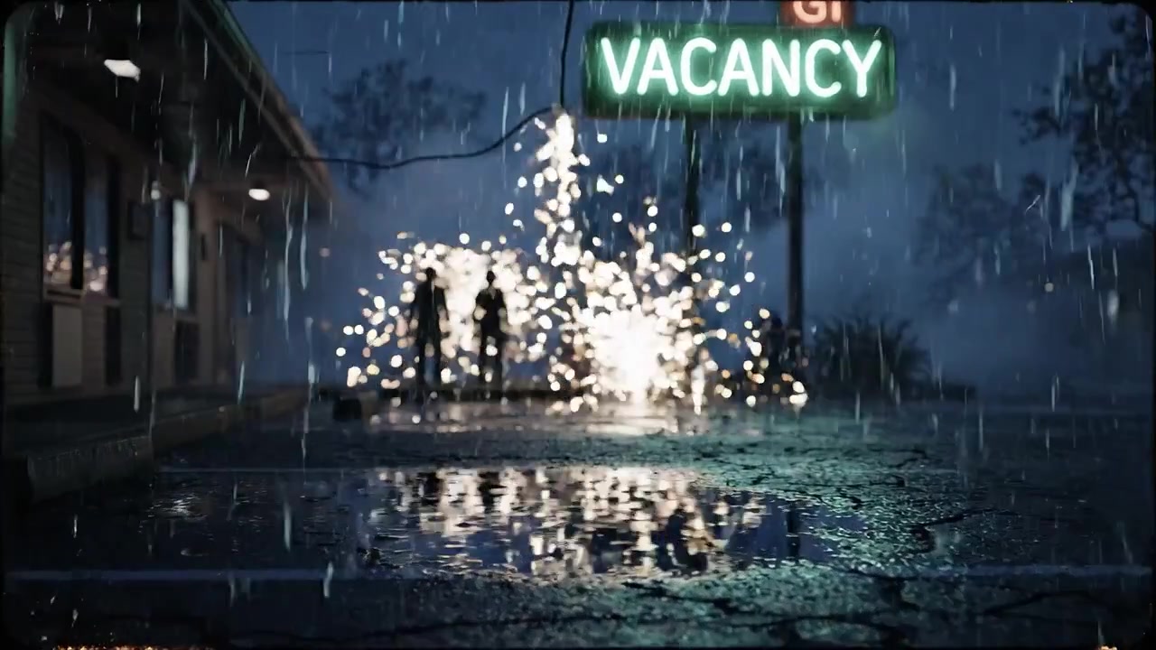 Mysteriöse regnerische Nacht in einem verlassenen Motel mit einem flackernden Vacancy-Schild, das eine unheimliche Atmosphäre voller Schatten und Ungewissheit in der Szene andeutet.