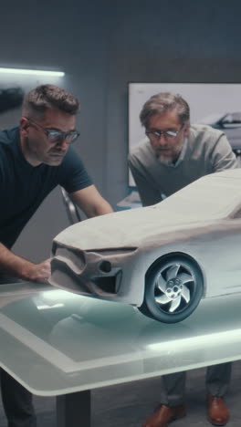 equipo de diseño de automóviles revisando un modelo de arcilla