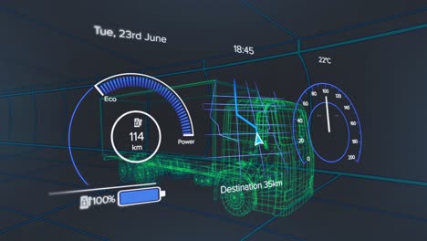 animation of speedometers, loading battery icon over 3d model of truck against black background