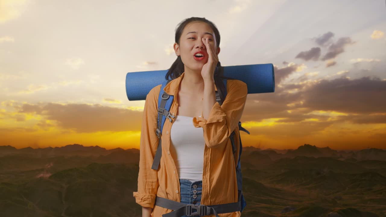 Asian Female Hiker With Mountaineering Backpack Screaming Holding Hands Near Her Mouth While Standing On The Top Of Mountain During Sunset Time