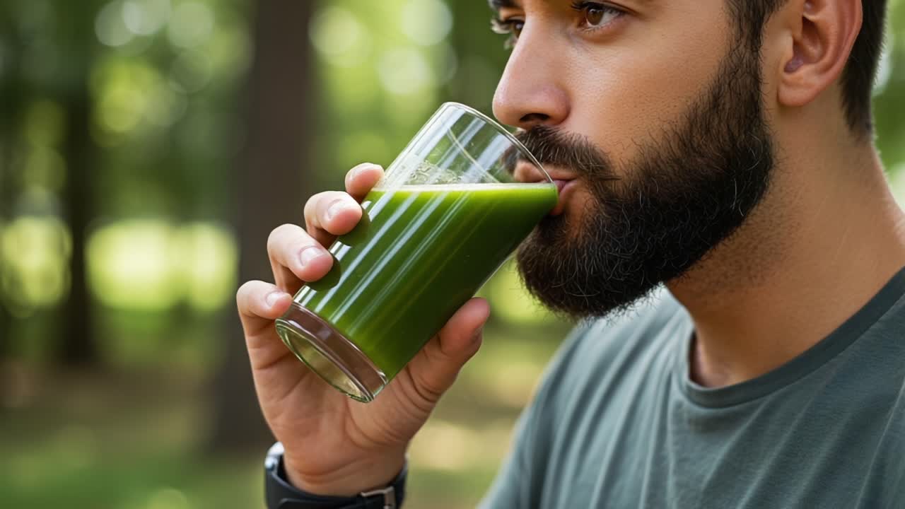 A Man Enjoys a Refreshing Green Smoothie in Nature, Embracing a Healthy Lifestyle with Every Sip from His Glass Amidst Lush Forest Surroundings