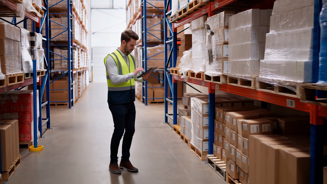 Warehouse Aisle White Male Worker Checking Tablet, Conducting Inventory Audit, Inspecting Palletized Boxes,