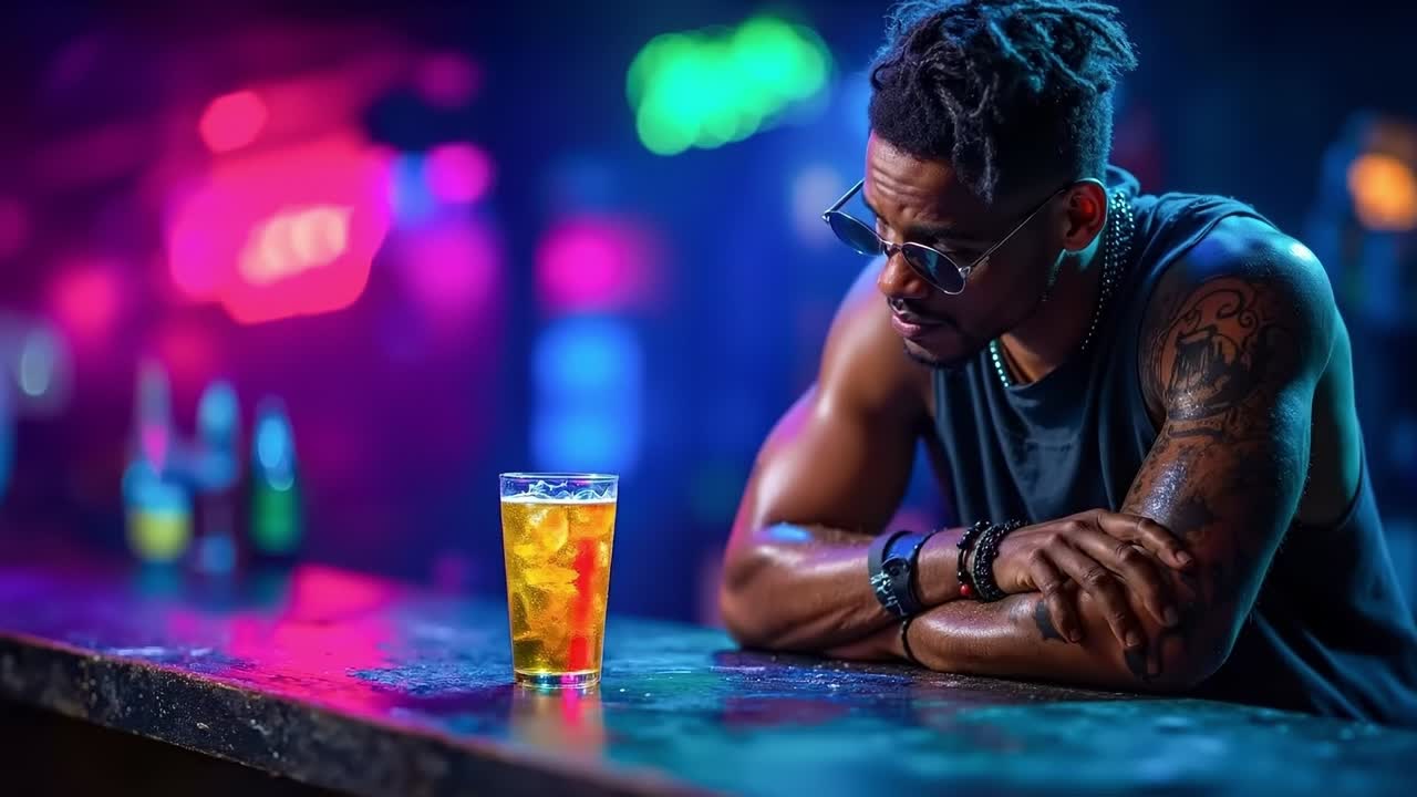 Un uomo seduto in un bar con un drink davanti a lui