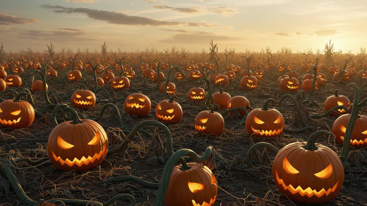 A Spooky Spectacle: A Field Full of Grinning Halloween Jack-o'-Lanterns Illuminated by the Glowing Twilight Skies in an Enchanting Pumpkin Patch Setting
