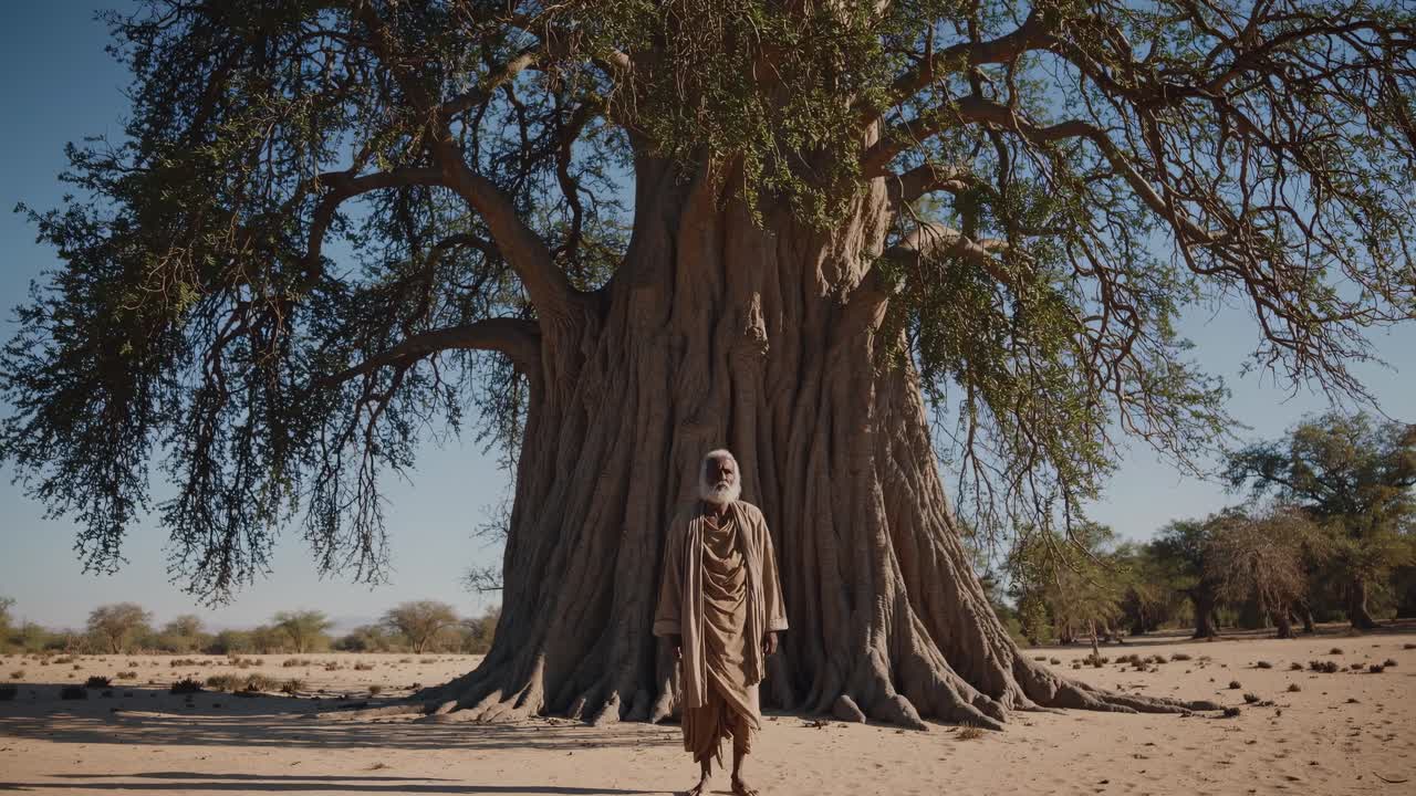 Elderly man stands in front of a majestic baobab tree, showcasing the vast desert landscape, embodying resilience and connection to nature in a serene moment of reflection