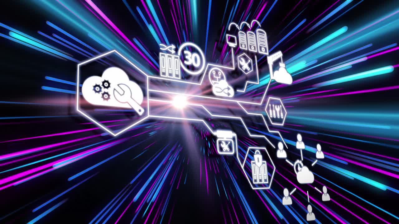 animación de la red de iconos y procesamiento de datos sobre rastros de luz de transferencia de datos