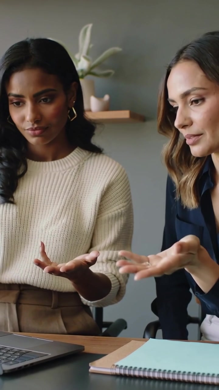 Vertical video: Leaning right woman leading left in sweater typing on laptop for work in office