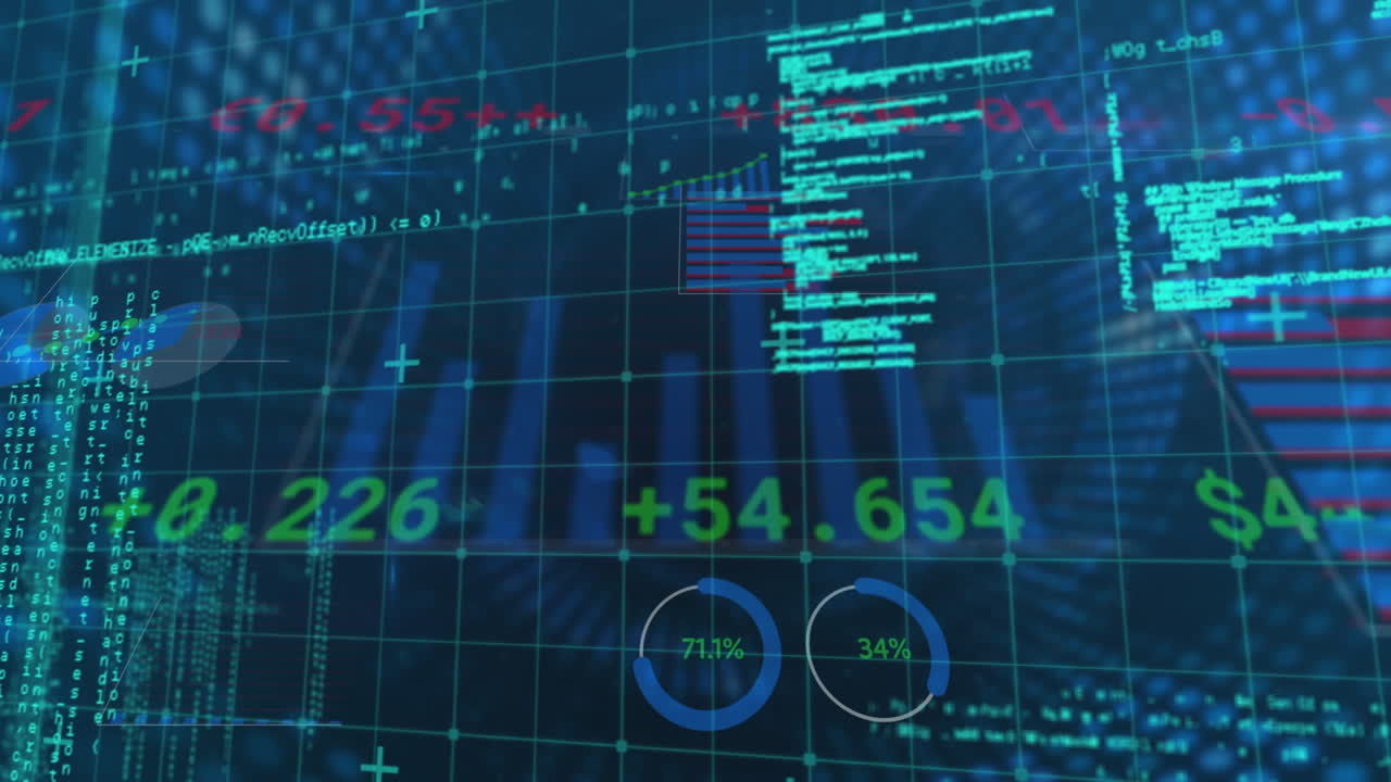 Animation of data processing and diagrams on black background