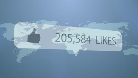 animation of like icon with increasing numbers over world map against blue background