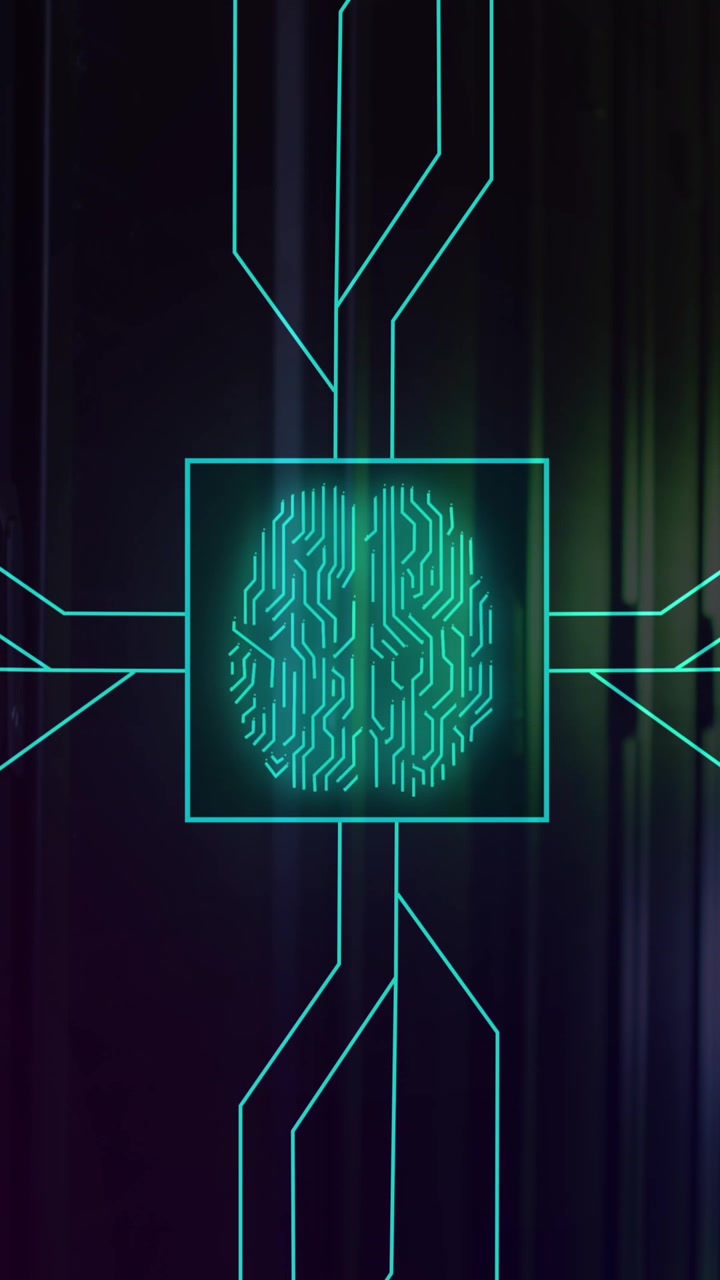 Animation of illuminated circuit board pattern around brain in square over server room