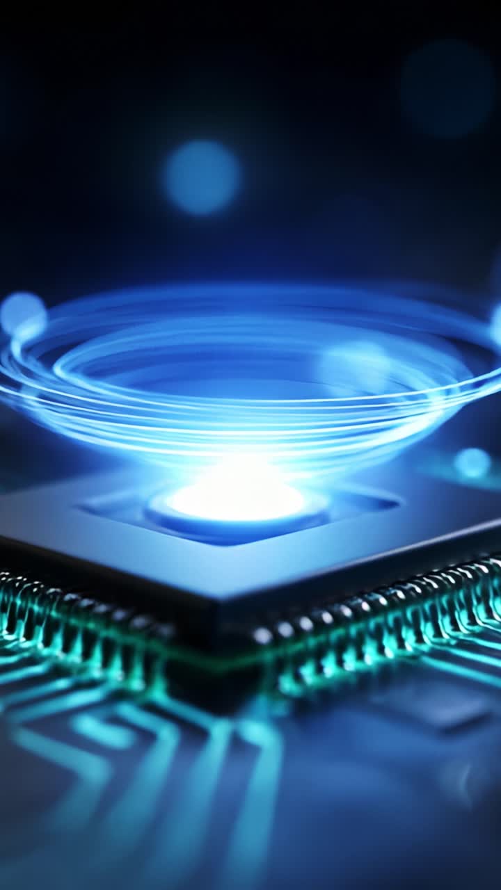 Futuristisk elektronisk kredsløb med glødende blå energiimpulser og levende lyseffekter, der illustrerer avanceret teknologi og innovation inden for moderne elektronik
