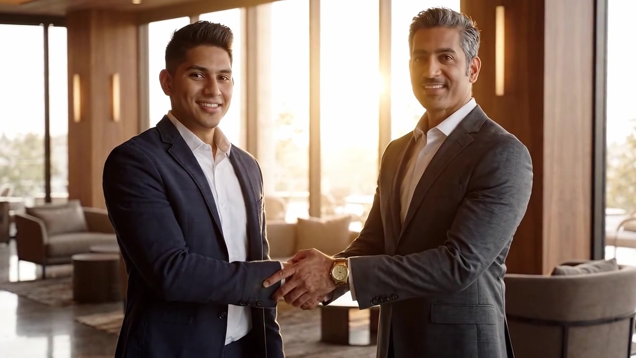 Due professionisti si stringono la mano con sicurezza, simboleggiando partnership e collaborazione in un ambiente di lavoro moderno e ben illuminato.
