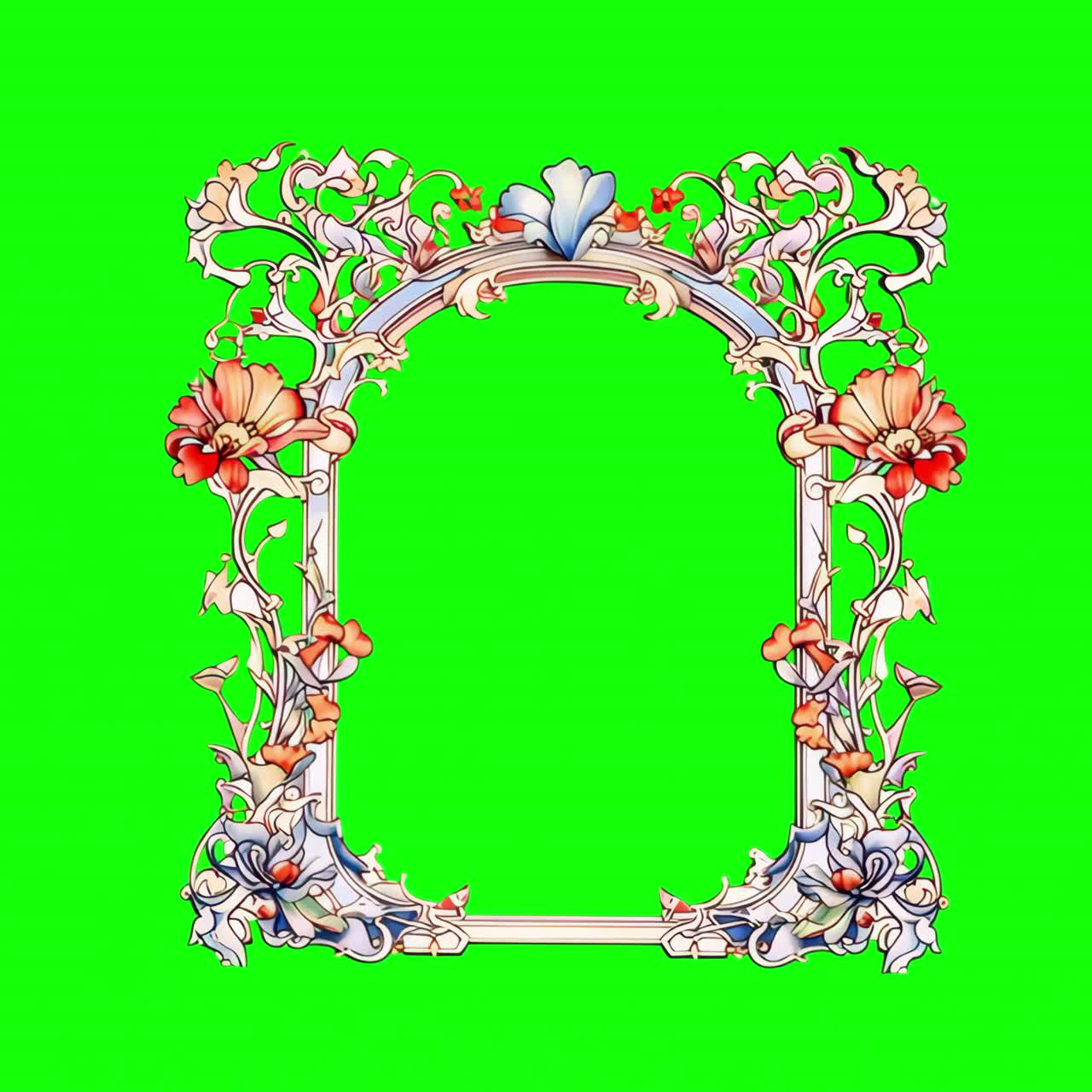 Art nouveau flower frame animation, transparent 4K video, green screen