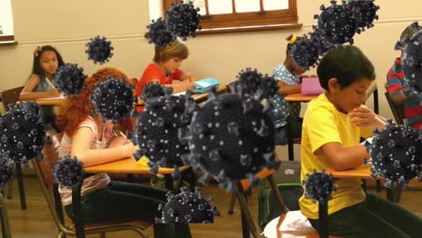 Animation-of-macro-covid-19-cells-over-schoolchildren-in-classroom