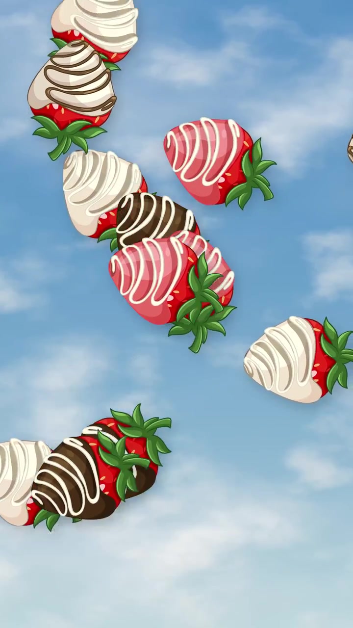 Morangos cobertos com chocolate caem e quicam dinamicamente contra um fundo de céu azul claro e nublado